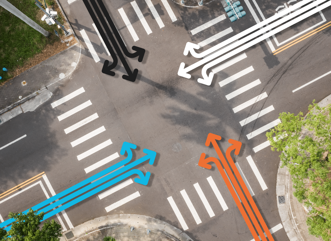 Aerial view of an intersection with left, thru, and right turn arrows drawn over each approach